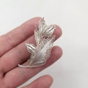 925 Silver Floral Filigree Brooch Tulip Flowers Leaf Vintage Pin Hook C Closure